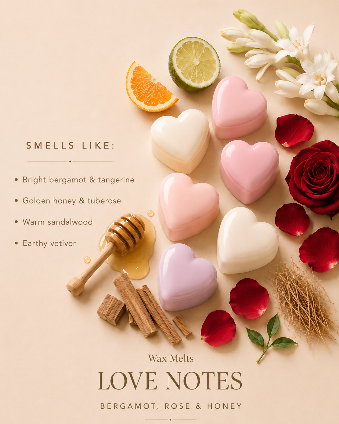 Love Notes – Bergamot, Rose & Honey Soy Wax Melts